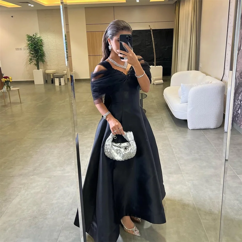 Платье для выпускного вечера с v-образным вырезом и открытыми плечами, вечерние платья из Саудовской Аравии, черное бальное платье из тюля, платья для вечеринок, платья de novia