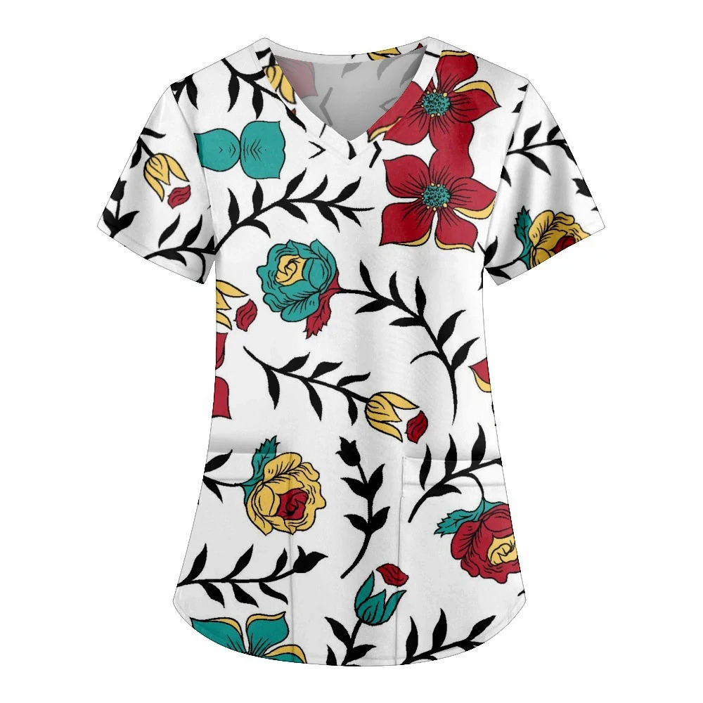 Fashionable 3DV Collar Printed Series Healthcare Worker Uniform Silks Short Sleeve Decorative T-shirt Surgical Uniforms Woman