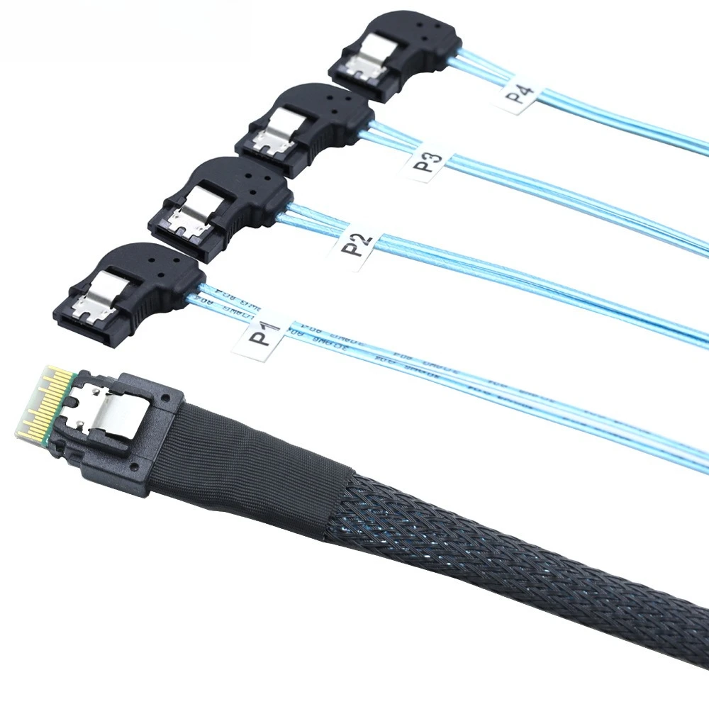 PCIE Slimline SAS 4.0 38P SFF-8654 4i to 4 SATA 7P Female Left Curve