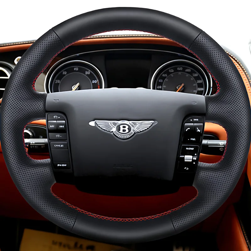 For Bentley Flying Spur 2005 2006 2007 DIY Black Leather Non-slip Car Steering Wheel Cover Braid Red Stitching Interior