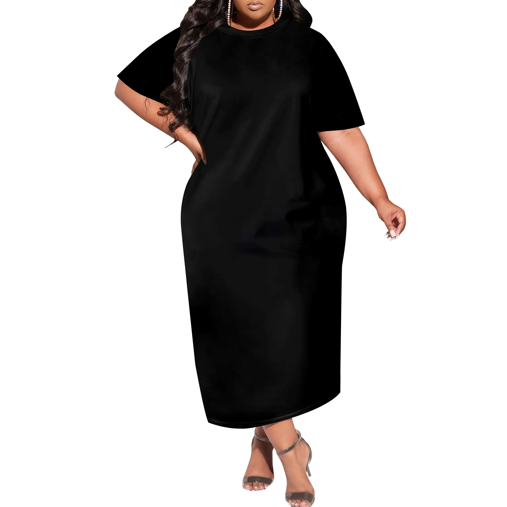 

Plus Size Maxi Dress Summer Crewneck Short Sleeves Beach Sundress Empire Waist T Shirt Long Dress with Pockets