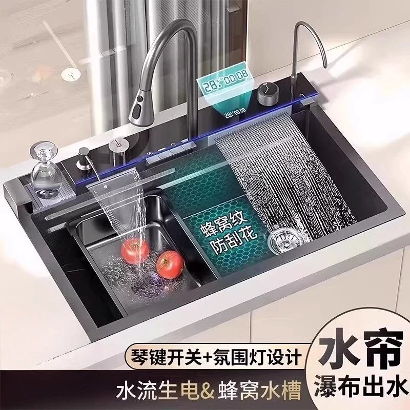 

Thickened Kitchen Nano Stainless Steel Sink Handmade Vegetable Basin Large Single Sink Undercounter Waterfall Sink Dishwasher Ho