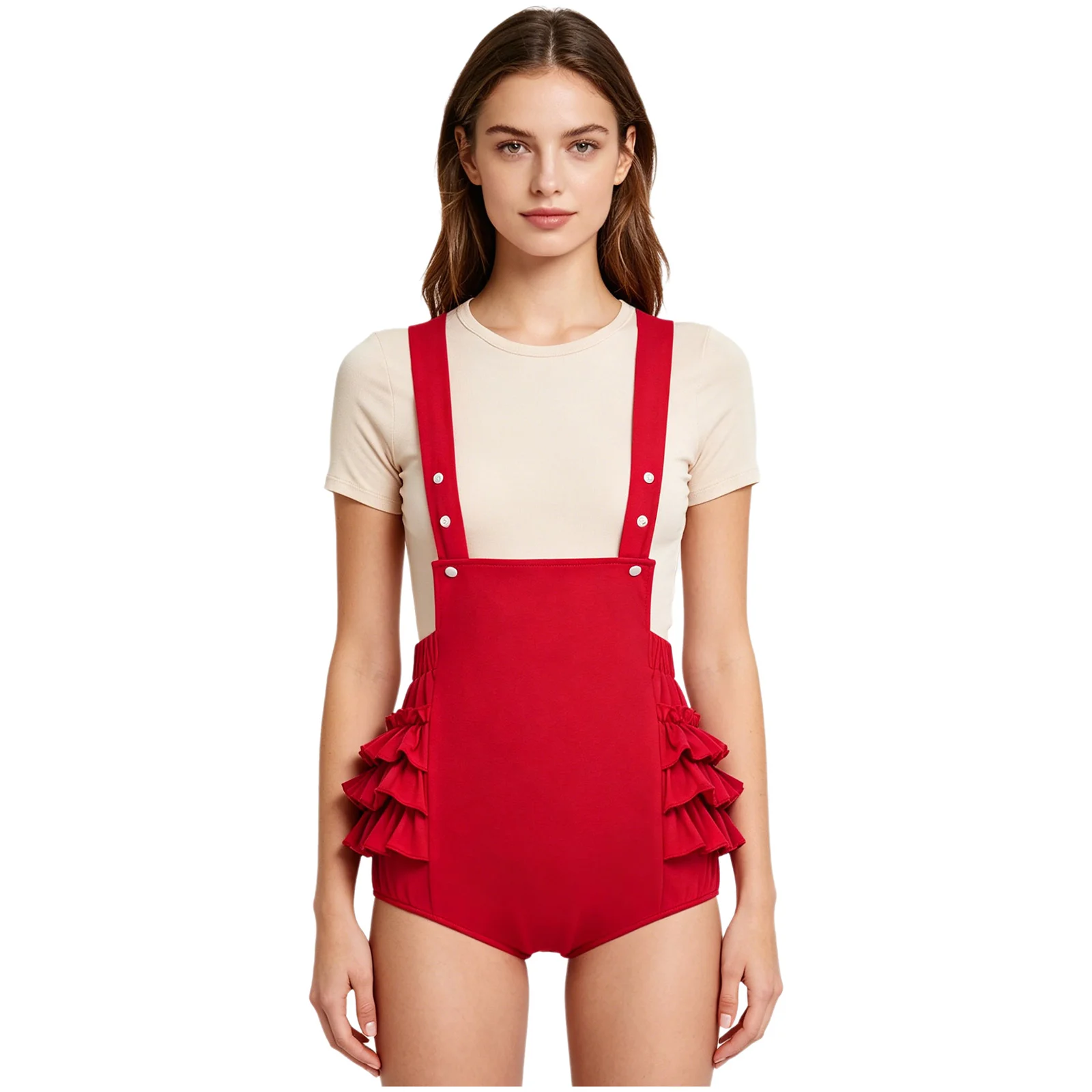 Women Skinny Ruffled Shorts Overalls Dance Rave Party Elastic Waistband Adjustable Strap Suspender Short Bib Rompers Streetwear