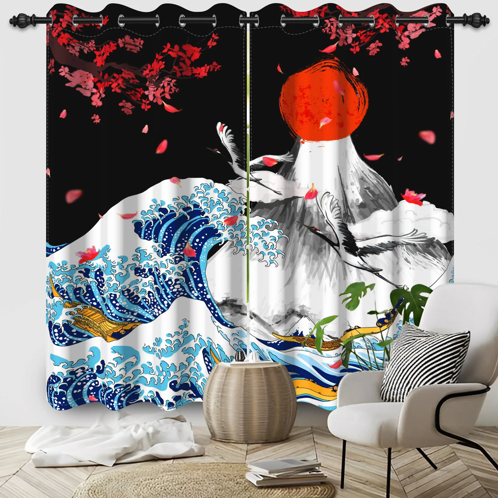 Japanese Noren Ukiyo-e Hokusai Window Curtain Giant Waves Kanagawa Sun Fuji Cherry Blossoms Bedroom Blackout Polyester Curtains