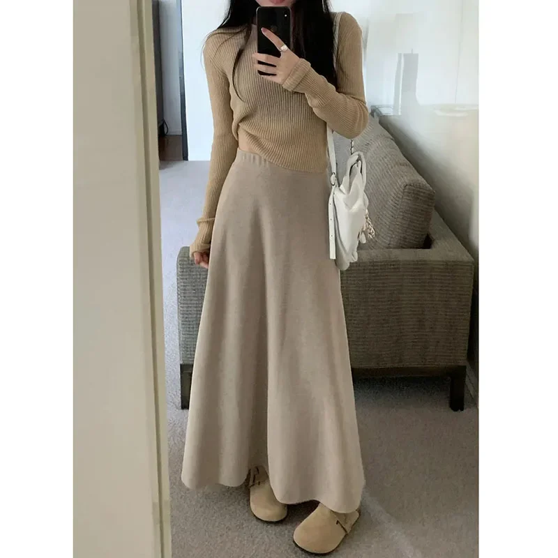 

Lucyever Vintage Gray Knitted Midi Skirts Women 2023 New High Waist Slimming A-Line Skirt Woman Elegant Solid Droop Long Skirts