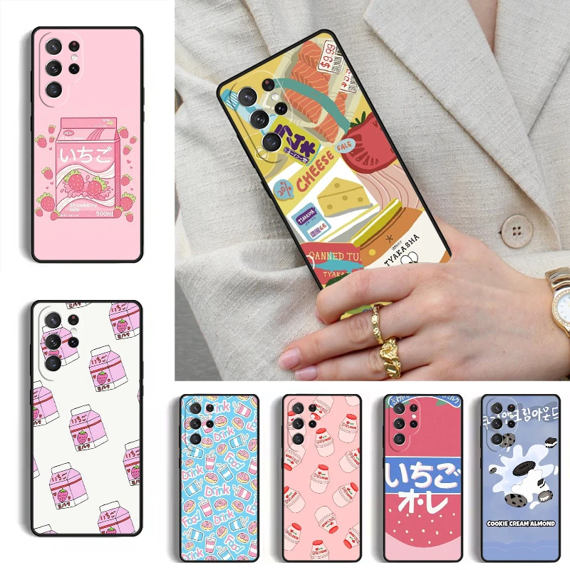 Kawaii Japanese Strawberry Milk Drink Bottle Phone Case for Samsung Galaxy S26 S25 Ultra S24 S23 S22 S21 Plus Note 10 Cover