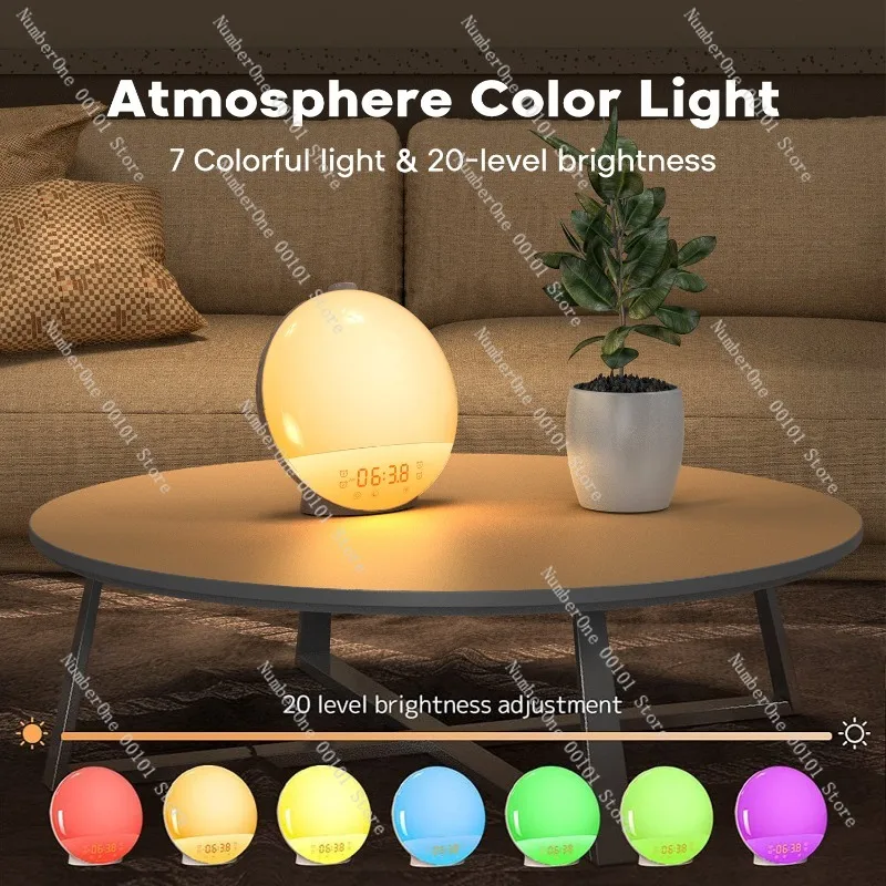 Sunrise Wake Up Alarm Clock RGB Atmosphere Lamp Time Display Night Light White Noise Sleep Aid FM Radio Bedside Children Lamp