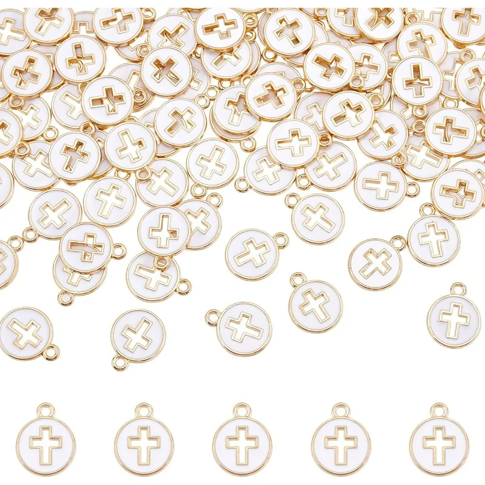 100 Pcs Flat Round Enamel Cross Charms Hollow White Cross Charms Alloy Enamel Crucifix Charm Pendants for Easter Crafting