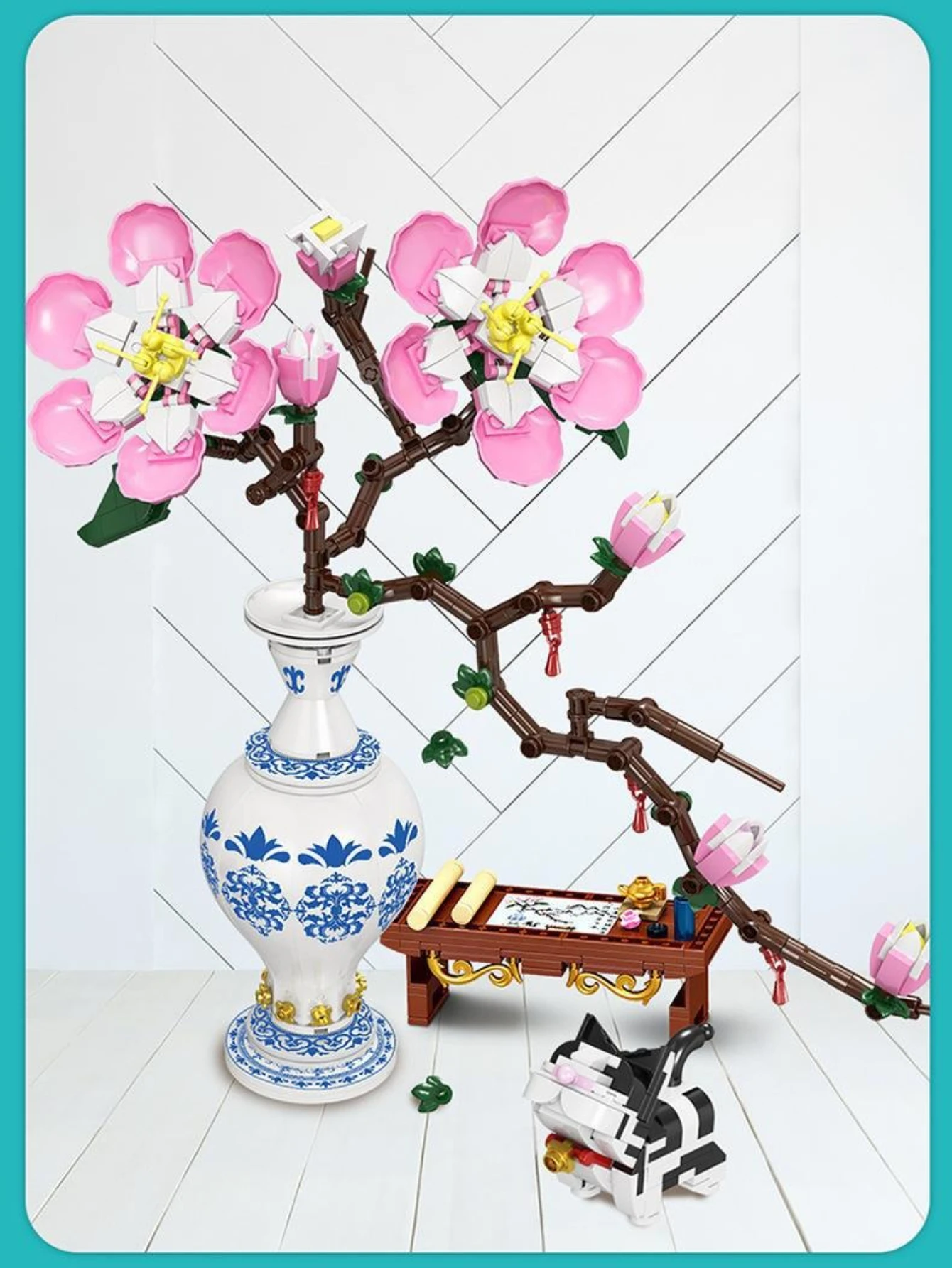 Moc primavera buquê de flores de pêssego vaso de blocos de construção de plantas conjunto de decoração de flores brinquedos crianças aniversário feriado presentes especiais do dia