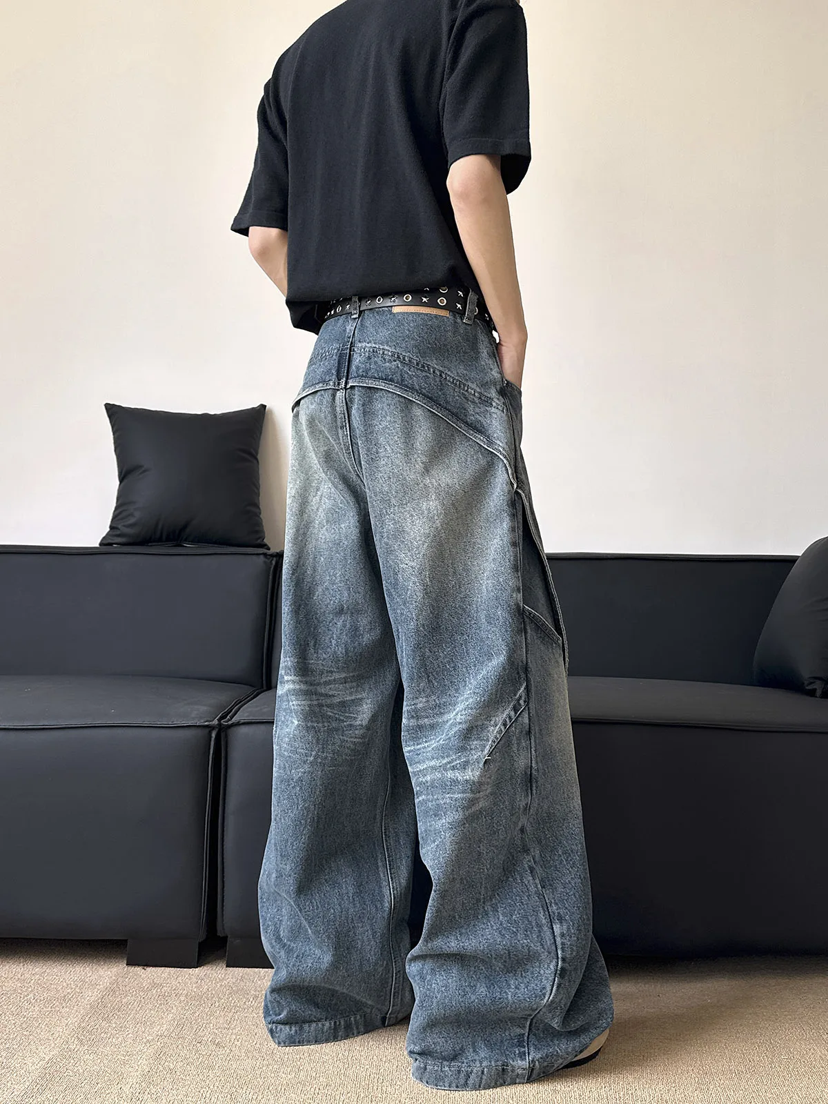 Washed Deconstructed Patchwork Wide Leg Jeans Men's Loose Retro 3D Tailoring Straight Cut Drapey Loose Fit Jeans Casual Denim