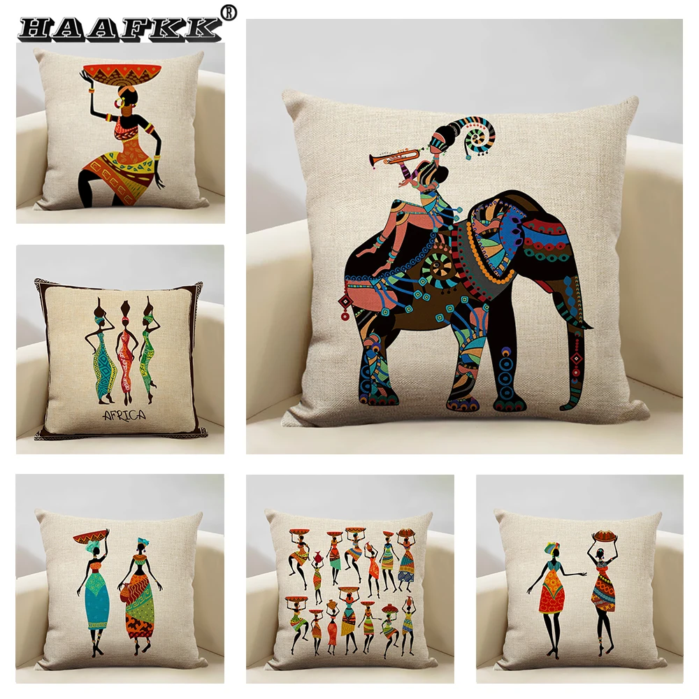 African Woman Cushion Cover Dancing Lady Africa Geometric Pillow Cover Pillowcase Color Cloth Bedroom Sofa Decoration Ethnic