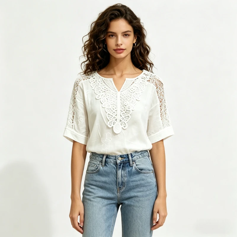 

2026 White Lace Hollow Out Blouse Summer Women's Plus Size Tops Casual V Neck Loose Short Sleeved Shirt Fashion Elegant Oversize
