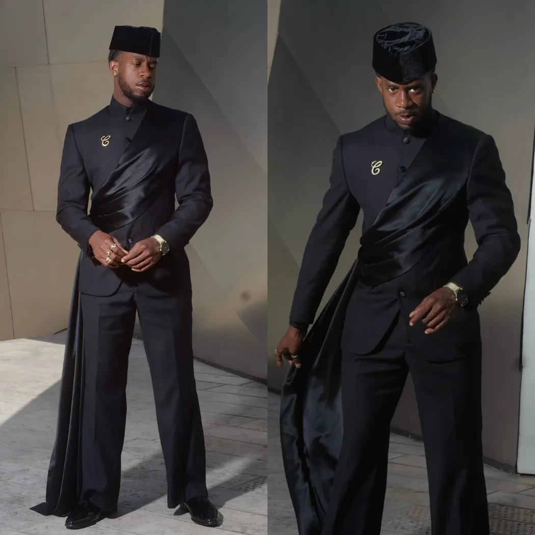Luxury Black Mandarin Collar Suit with Satin Diagonal Drape and Long Tail Men Formal Wedding Native Outfit Customized M265205