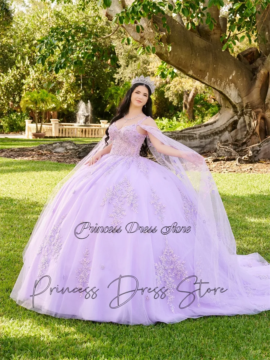 

Lavender Flowers Princess Quinceanera Dresses Mexico With Detached Cape Beads Crystal Sweet 16 Dress Vestido De 15 Años Lace-Up