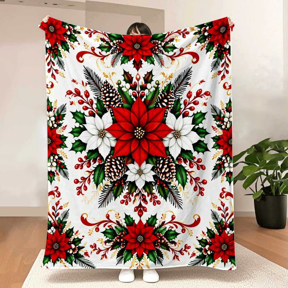 1PC Christmas Poinsettia and Pinecone Print Blanket-Made of soft, fluffy flannel, perfect for a sofa, bed or lounge chair. Ideal