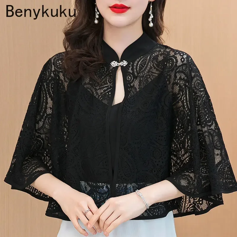 

Korean Solid Color Thin Lace Bolero Coat Sunscreen Shrug Shawl Women's Summer Soft Hollow Tops Blouse Cardigan Cloak Cape