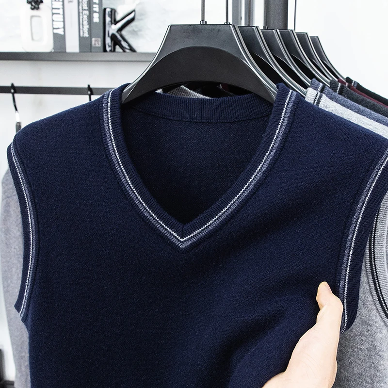 

Autumn and Winter Solid Color Knitted V-neck Tank Top Men's Sleeveless Tank Top Warm Tank Top Middle Aged Shoulder Sweater
