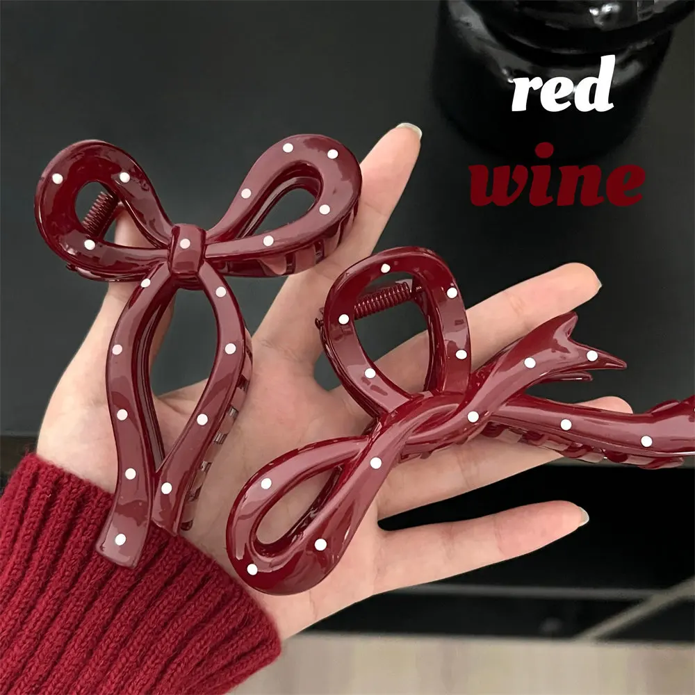 French High-End Wine Red Polka Dot Shark Clip Sweet Hair Clip Back Of The Head Plate Hair Clip Clip