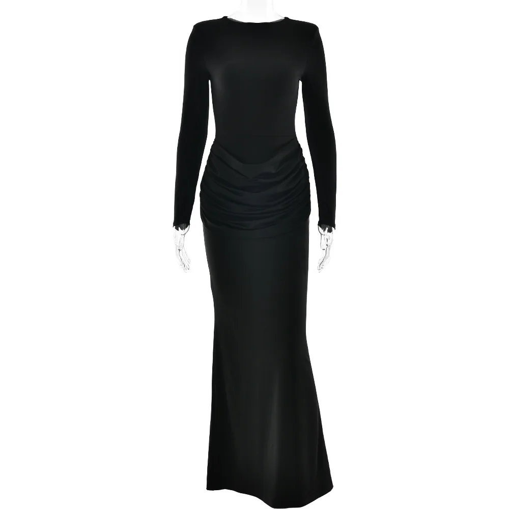 Apprabant otoño nuevo elegante Maxi vestido de mujer ceñido al cuerpo fruncido espalda dividida sólido cuello redondo manga larga ropa de fiesta señora Sexy vestido largo