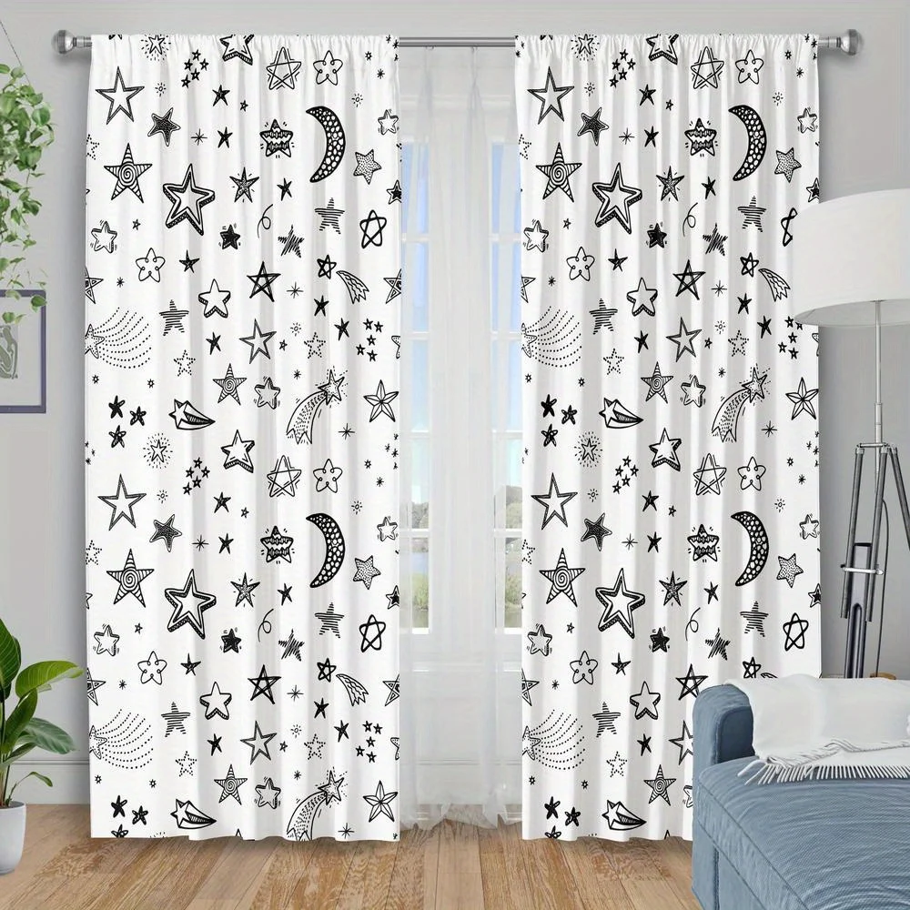 2pc Black and white hand-painted starry sky pattern curtains, machine washable polyester, suitable for bedrooms and living rooms