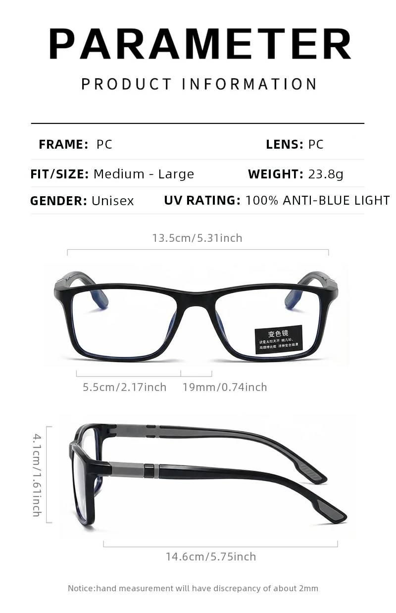 Klassische Quadratische Photochrome Lesebrille Männer Frauen Ultra Licht Presbyopie Brille Mode Anti-blaues Licht Gläser – Detail 7