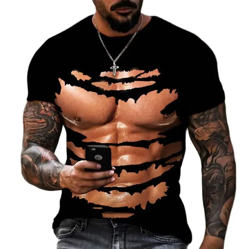 Summer Fashion Men\'s 3D Printed Muscle T-Shirt Casual Personality Harajuku High Quality High Street Tough Guy O-neck Loose Top