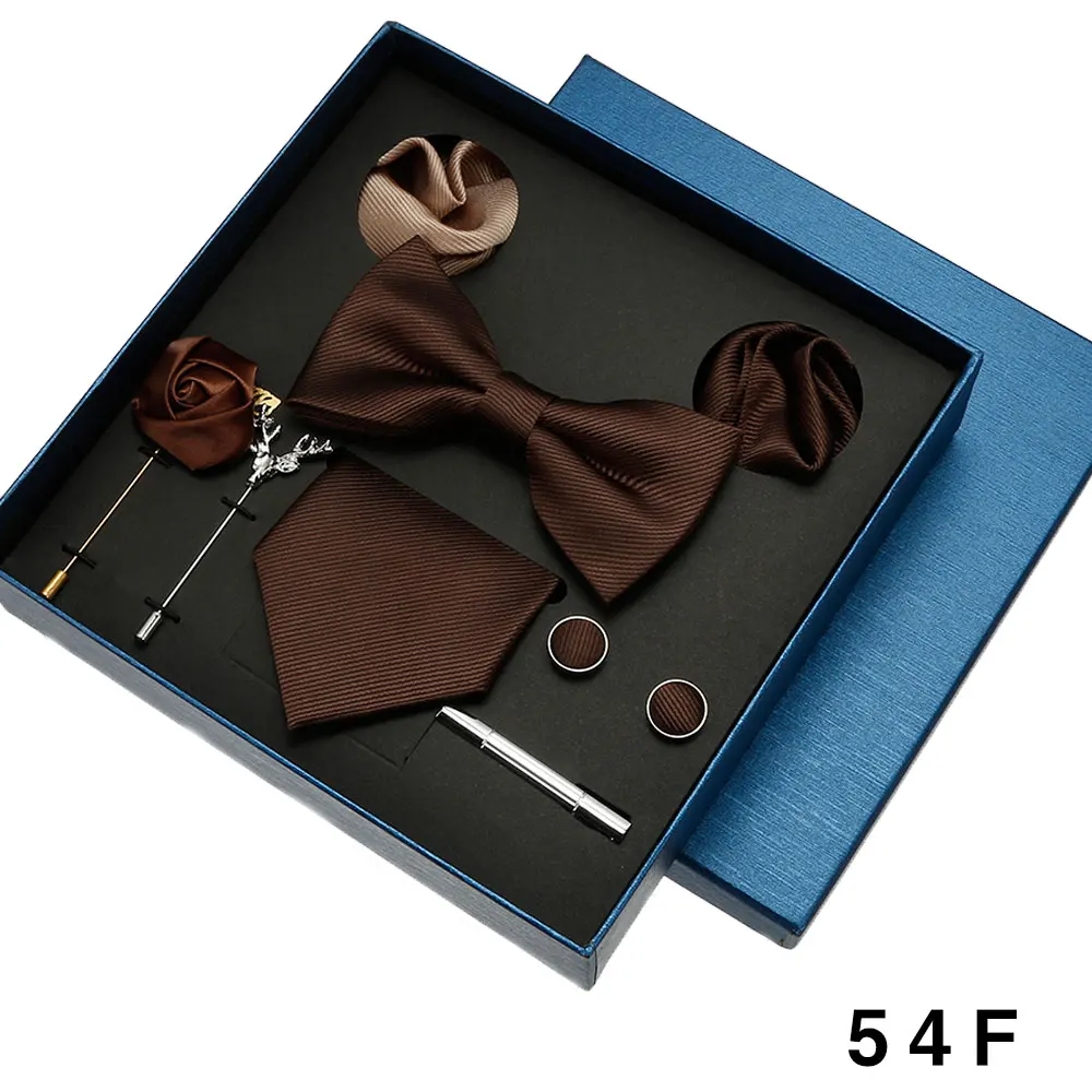 8-teiliges Luxus-Herren-Krawatten-Set in Geschenkbox, Krawatte mit festlicher Hochzeit, Fliege, Einstecktücher, Manschettenknöpfe, Clip-Broschen, Anzug – Detail 24
