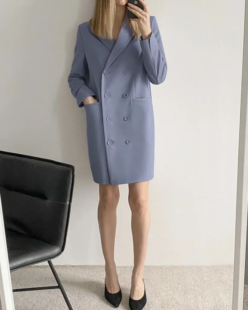 Women Double Breasted Elegant Office Blazer Dress Fashion Blue Casual Suit 2023 New Long Sleeve Solid Colors Work Blazer Dresses