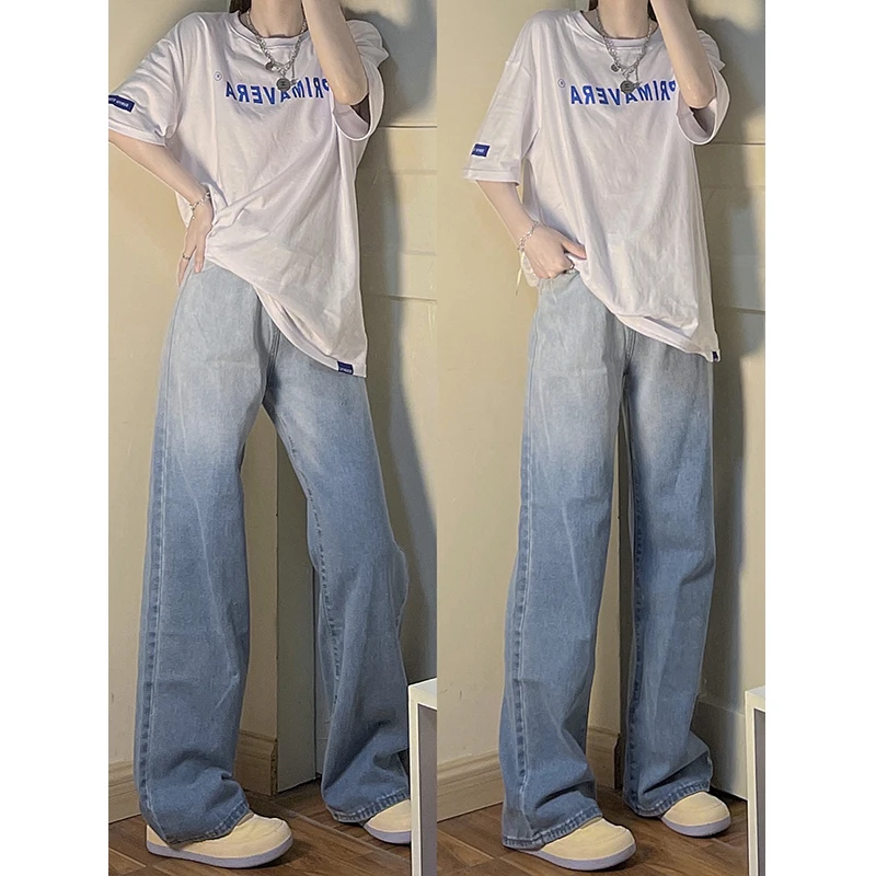 Gradient Design Denim Women's High Waisted Mop Light Blue Student Spring  Autumn Adjustable Elastic Wide Leg Pants Women Jeans