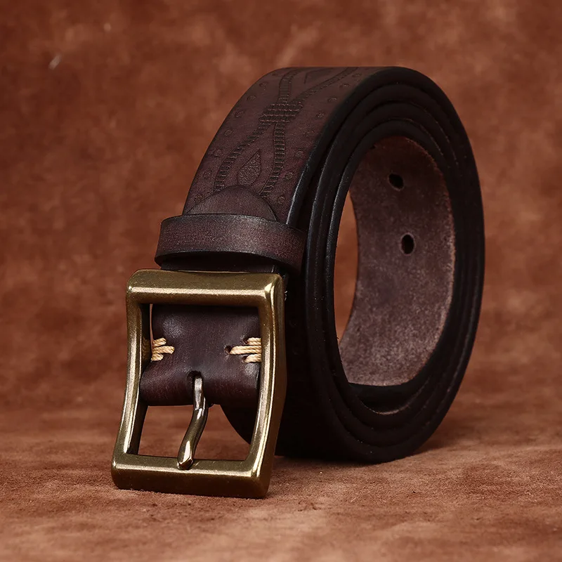 

Retro personality trend embossed thickened top layer cowhide belt genuine leather copper buckle casual jeans belt men's