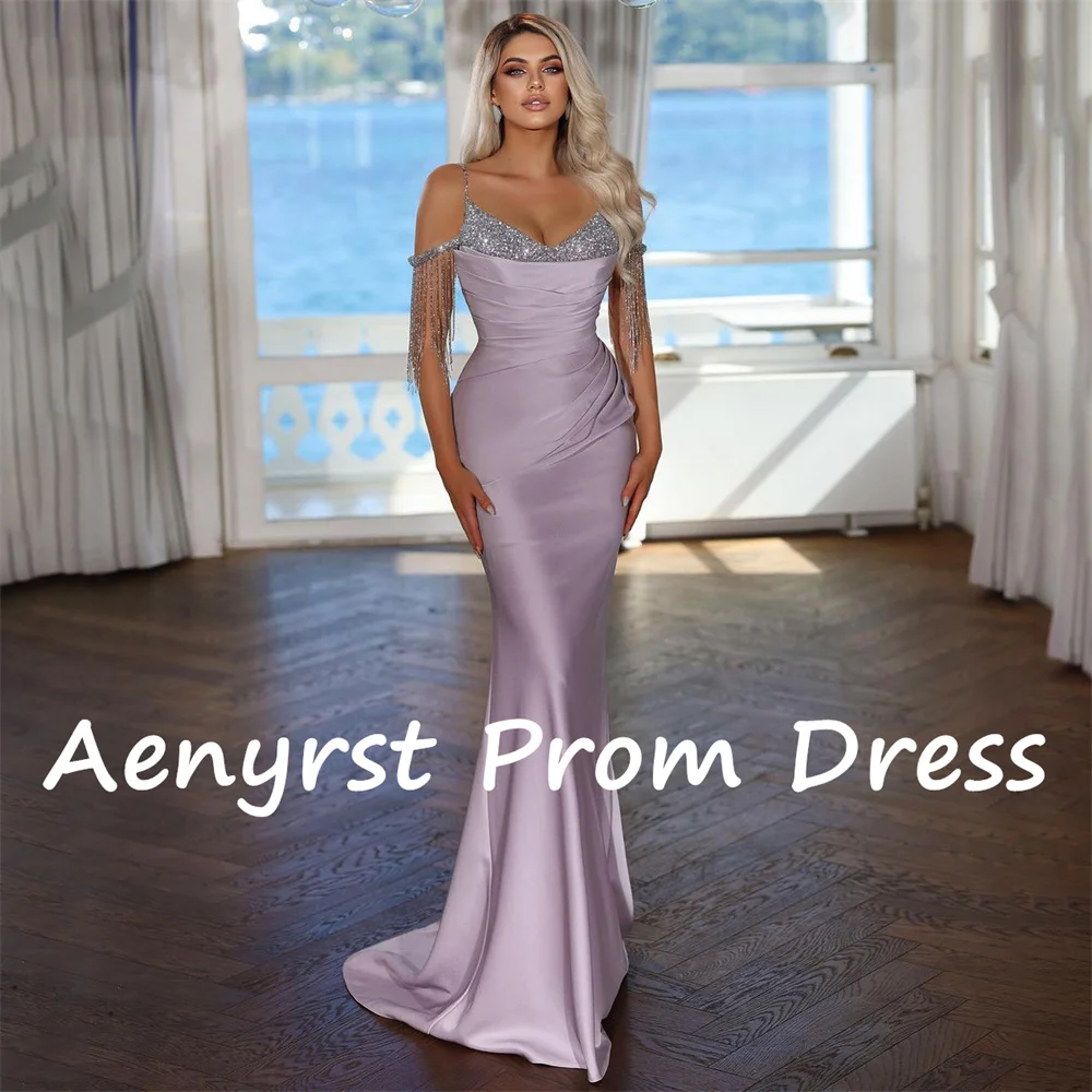 Aenryst الخامس الرقبة السباغيتي حزام حورية البحر فساتين السهرة الساتان قبالة الكتف شرابات مطوي فستان الحفلة الراقصة طول الأرض رداء حفلات #2