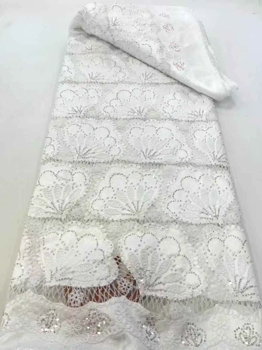 5 Yards Französischer Tüll-Netz-Pailletten-Stoffe, luxuriöser Perlen-Spitzenstoff, afrikanische Spitze für Hochzeitskleid