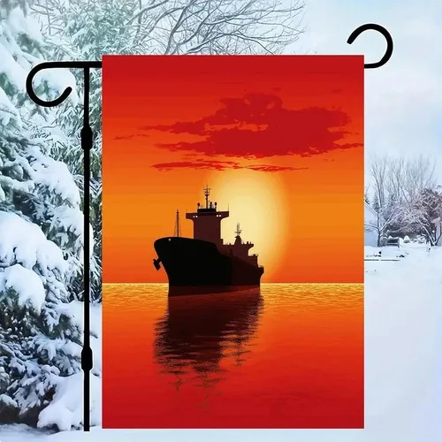 Silhouette of The Tanker Ship on Red Sunrise Garden Flag Linen, 12 X 18 Inch XXQ