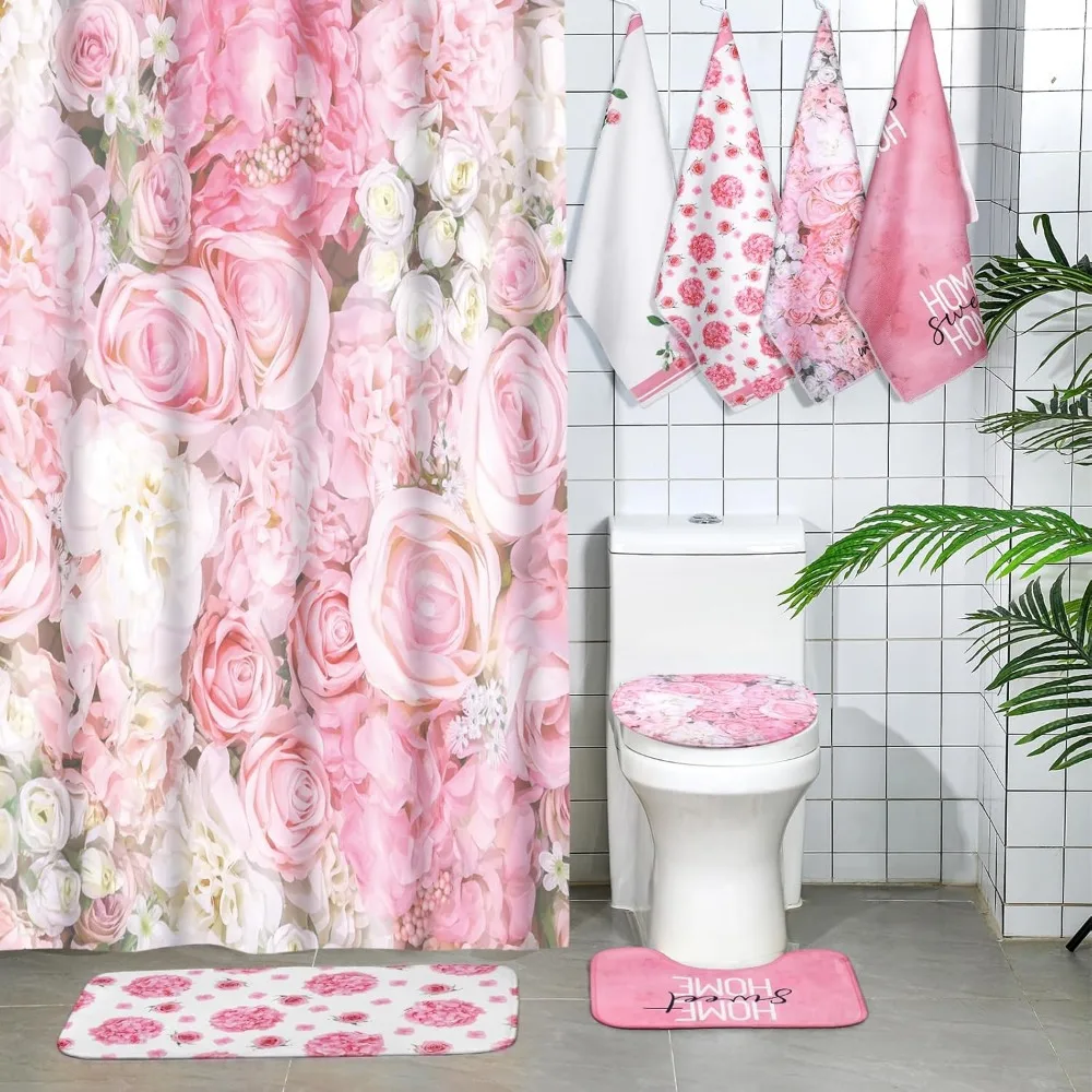 

8-częściowy весенний комплект занавесок для душа с розой и кухонными полотенцами, весенний розовый цветок, занавеска для душа в фермерском доме, набор для ванной комнаты