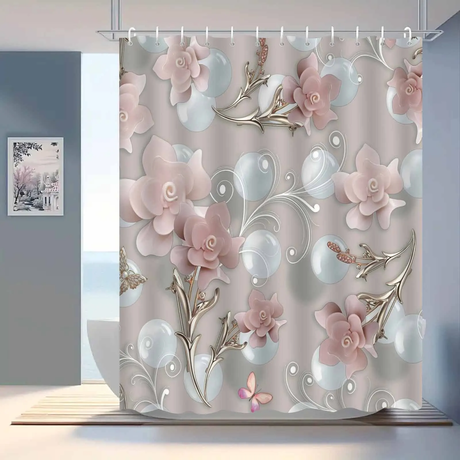 1pc Nordic Flower Simple Version Multicolor Shower Curtain, High-end Elegant Bathroom Curtain, Bathroom Decoration Pattern