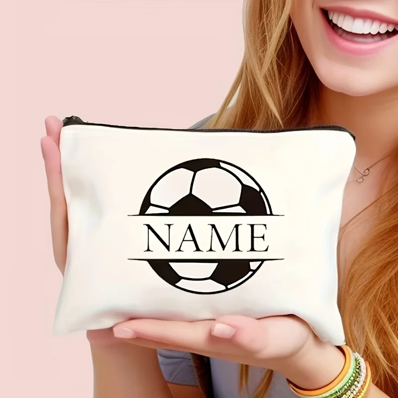 Custom Soccer Makeup Travel Bag, Personalized Name Zipper Storage Bag, Ideal Gift For Soccer Players & Graduates