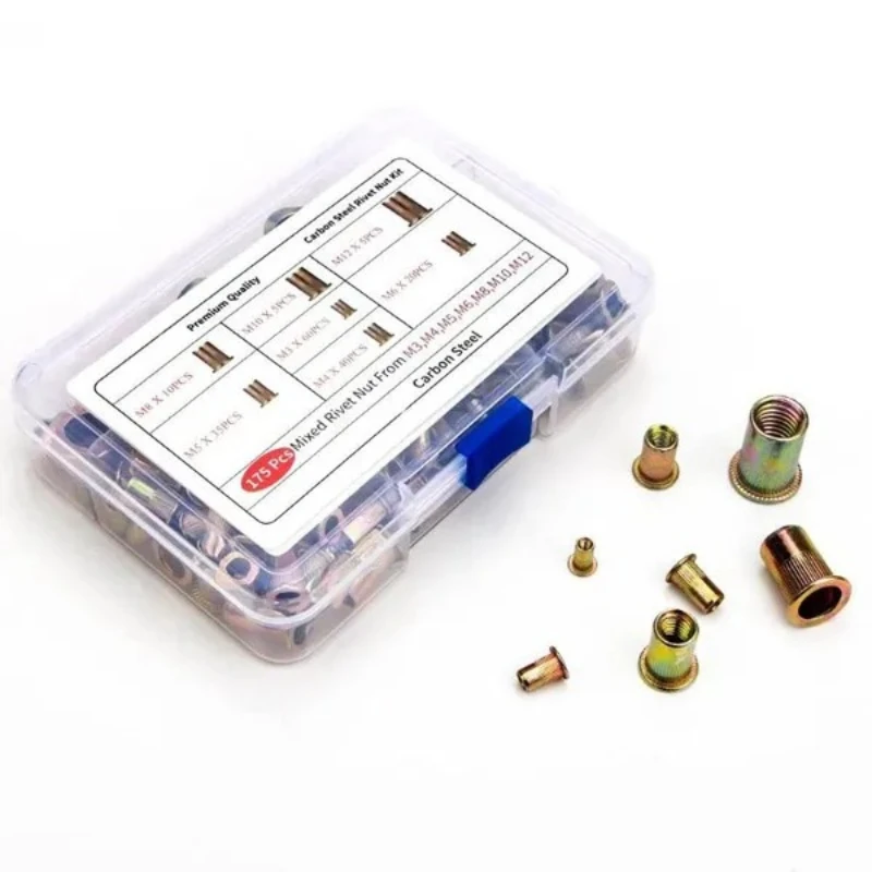 175pcs M3 M4 M5 M6 M8 M10 M12 Metric Rivet Nut Kit Carbon Steel Flat Head Threaded Insert Nut Nutsert Rivnuts Assorted