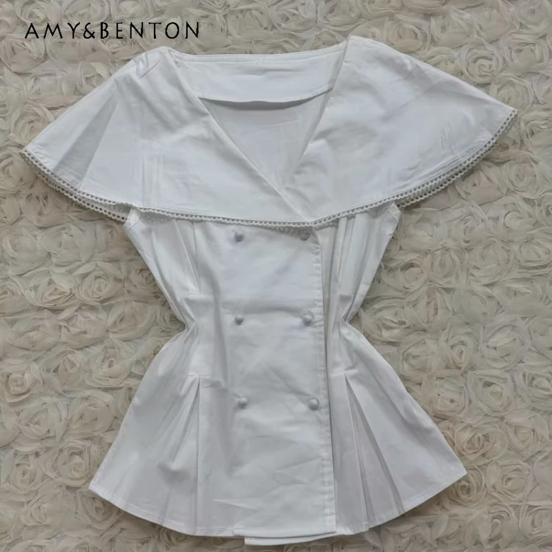 

Летняя женская рубашка 2026 в американском ретро-стиле, белая, оригинальный дизайн, двубортная, с коротким рукавом, для создания нежного образа