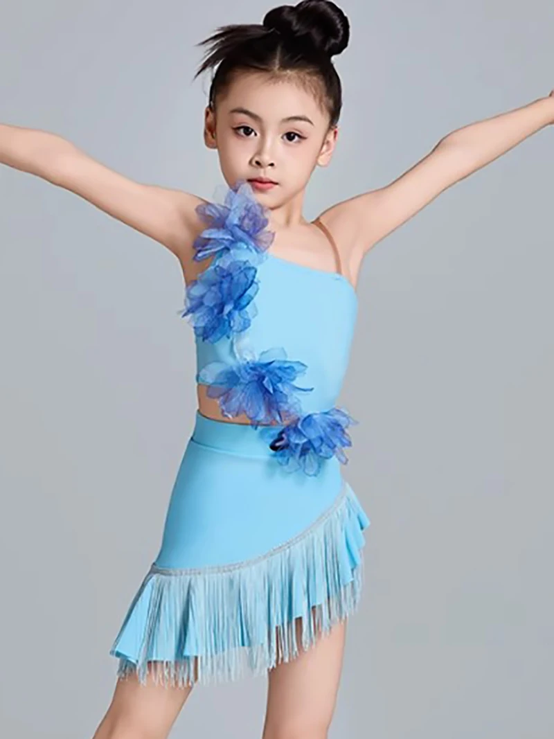 Sukienka dla dziewczynek do tańca latynoamerykańskiego, na ramiączkach, z kwiatowymi aplikacjami, frędzlami, asymetryczna, strój do rumby, treningowa, na występy, do tańca towarzyskiego, na zawody.