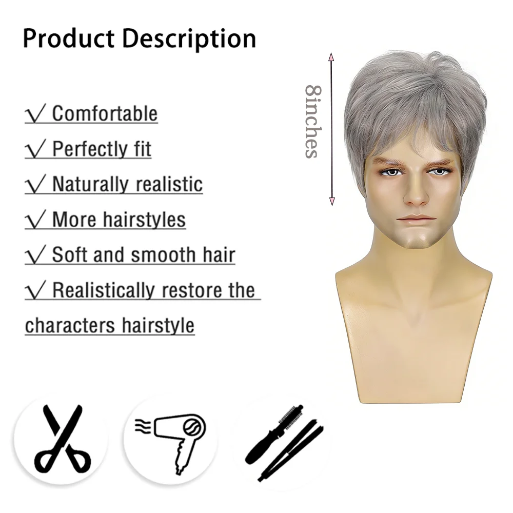 Natuurlijk zilvergrijs kort pruikje, zacht getextureerd, gelaagd kapsel, hittebestendig synthetisch, volledig pruikje, makkelijk te dragen voor mannen, dagelijks, casual, werk.