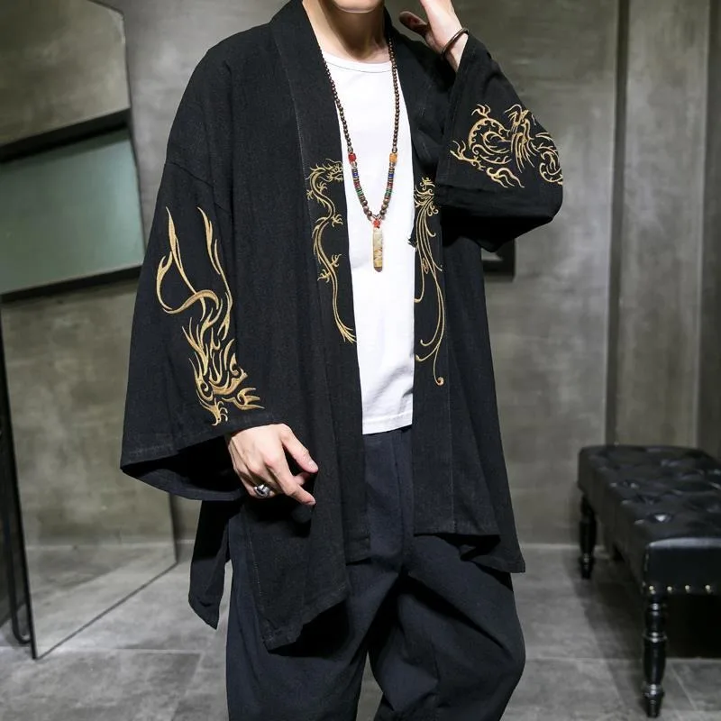 Men Chinese Style Embroidery Kimono Cardigan Vintage Loose Hanfu Outerwear