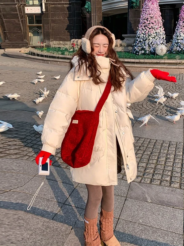 

Faionable Korean Sle Women's Hooded down Jaet Thiened Warm Mid-Length Not Puffy Winter Outerwear Casual Straight Cut