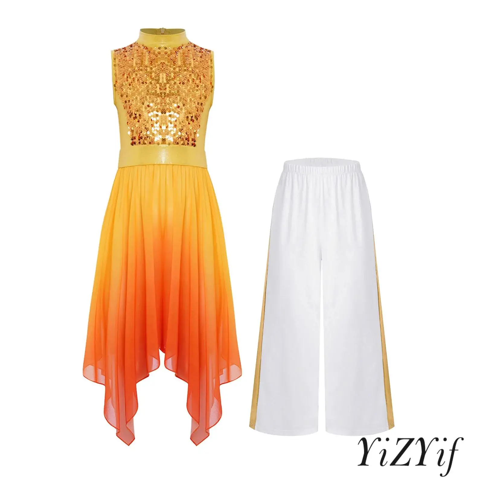 

Kids Girl Worship Dance Outfit Tunic Glow Sequins Convertible Wide Leg Pants Asymmetrical Hem Dress Church Choir Performance Set