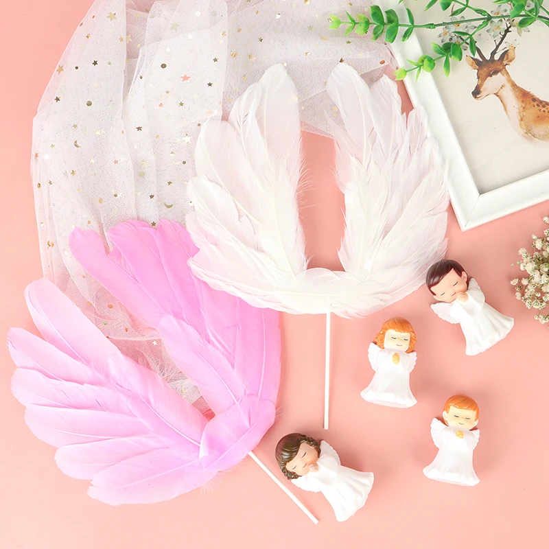Angel Feather Wing Flag Cake Toppers for Wedding Birthday Party Cake Top Decor