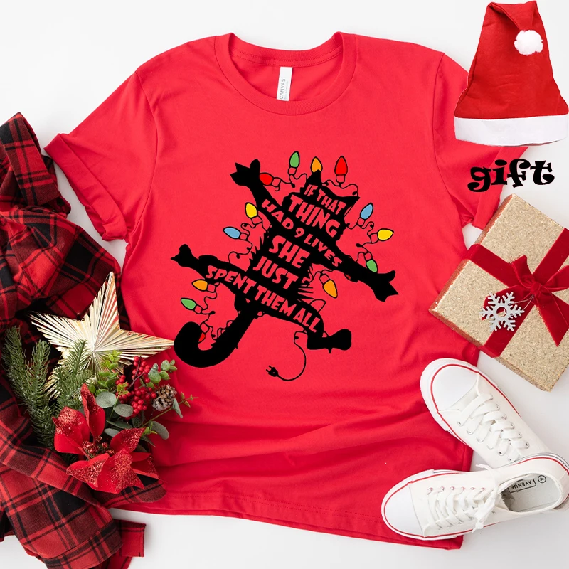 Funny Christmas Shirt If That Thing Had Nine Lives She Just Spent Them All T-shirts Cat Xmas Light Lover Tee with Christmas Hats