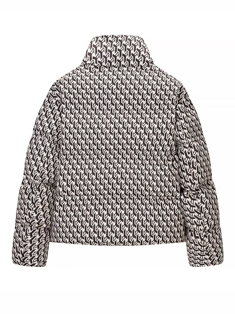 HH Women's 2025 Winter New Fashion High Collar Hand-stuffed Cotton Printed Coat Female Casual Versatile Zipper Warm Cotton Coat