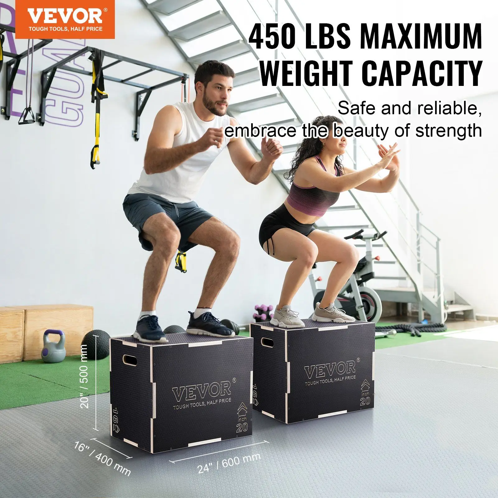 VEVOR 3-in-1 Plyometric Jump Box, 24/20/16 Inch Wooden Non-Slip Exercise Booster Box for Home Gym Strength Training, Black