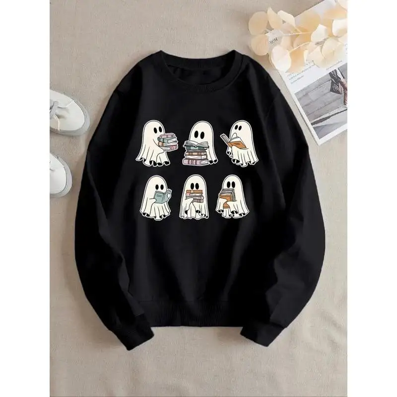 

Women's Halloween Sweatshirt, Cute Cartoon Ghost Print, Funny Book Lover Pullover Tops for Autumn Casual Wear