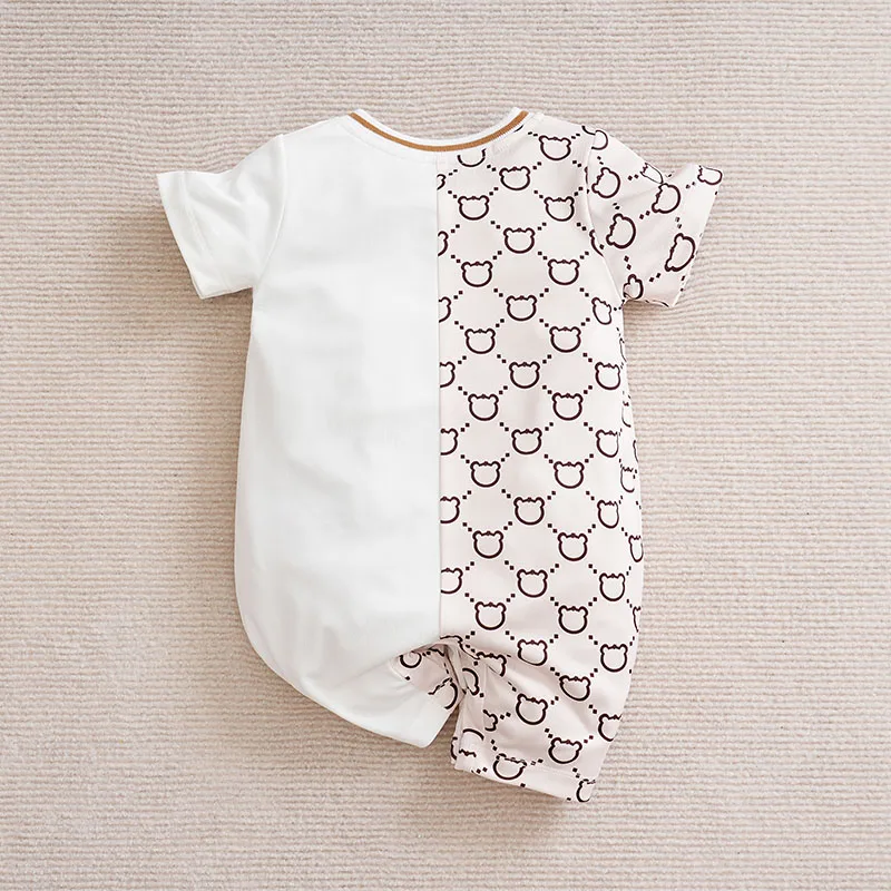 NewbornBabyBoyGirl Toddler Clothing Jumpsuit Casual Cute Cartoon Teddy Bear Summer Apricot ColorContrasting ShortSleevedJumpsuit