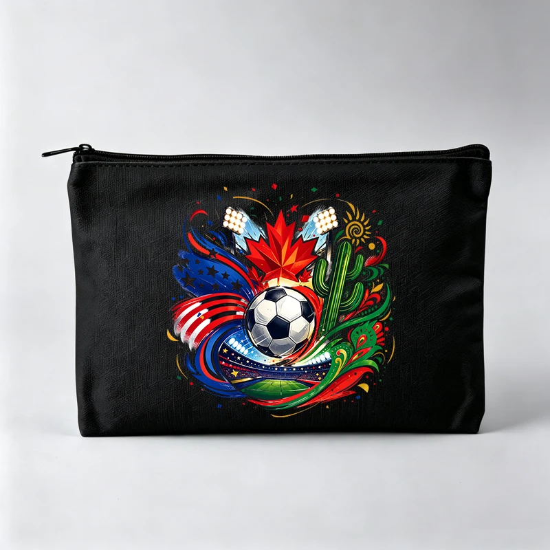 Women's Soccer Ball and Cultural Elements Print Makeup Bag, Artistic Graphic Cosmetic Pouch for Daily Use
